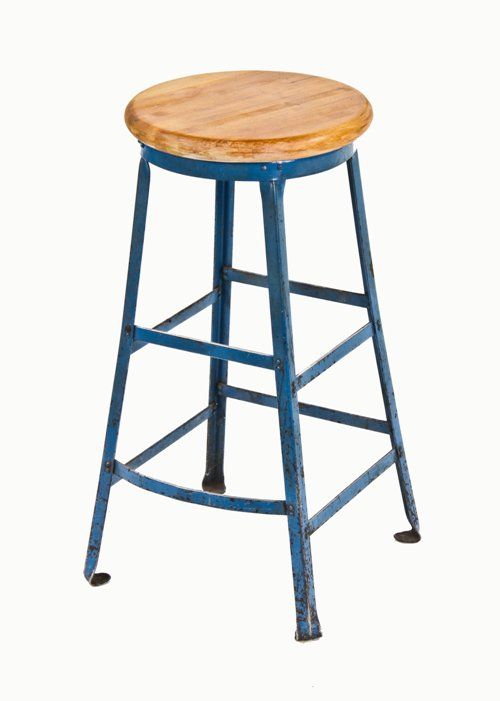 c. 1930's vintage industrial blue enameled "otsteel" factory machinist stool or chair with solid maple wood seat