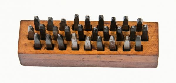 original c. 1920's vintage industrial solid steel machine cut hand letter tool identification stamps with pine wood block base 
