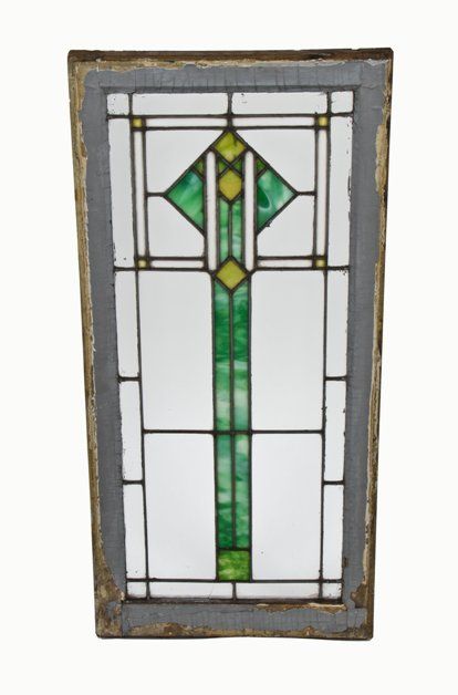 original early 20th century strongly geometric american prairie style leaded art glass residential window with original wood sash frame 