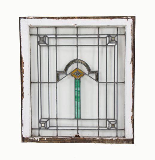 american chicago style strongly geometric leaded art glass interior residential window with original wood sash frame 
