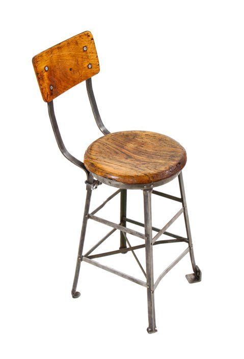 original sturdy c. 1920's heavily reinforced american industrial riveted joint brushed steel four-legged factory stool with oak wood stationary seat 