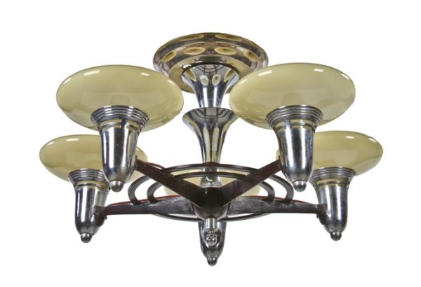 original late 1920's american streamlined modern five electric light chrome-plated flushmount ceiling fixture with shallow bowl custard shades 