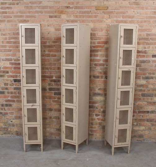 three matching original american industrial six-unit enameled steel factory locker units with ventilated hinged doors 
