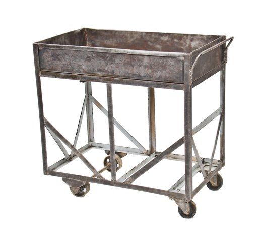 reinforced c. 1930's american industrial heavy gauge steel mobile foundry cart with spacious open-ended compartment 