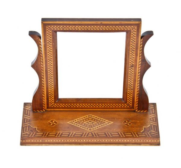 striking c. early 20th century original hand-crafted american folk art solid wood parquetry table or dresser mirror frame with highly stylized base