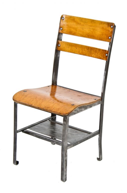 rare original c. 1930's vintage american classroom stationary angled steel desk stool with unique undershelf 