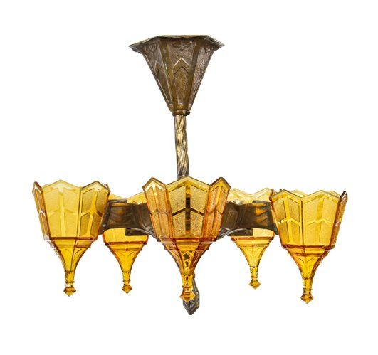 c. 1930's american depression era fully functional art deco style five-light slip shade interior residential ceiling fixture with uniquely shaped pressed amber glass shades