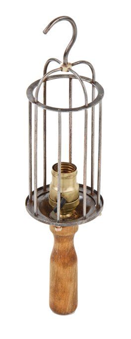 completely intact all original c. early 20th century "crescent style" american industrial lamp guard or "trouble light" with swivel hook