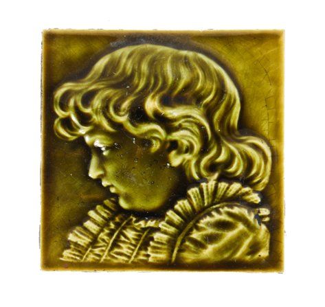 original 19th century american victorian era olive green majolica glazed bust-length child portrait fireplace tile 