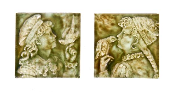 matching set of late 19th century antique american victorian era mottled green glazed portrait tiles with perched birds 