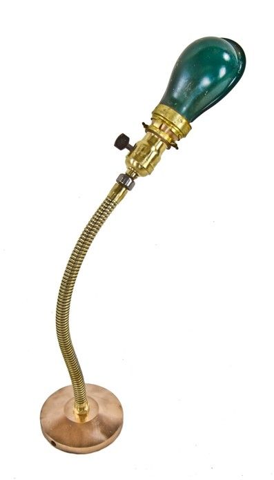 single rewired c. 1910-15 antique american industrial faries flexible gooseneck arm factory machinist task lamp with original "slim helmet" green enameled hubbell shade 