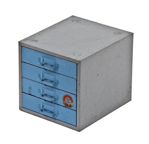 diminutive vintage american industrial four-drawer cold-rolled steel two-tone enameled "small parts" factory workbench cabinet 