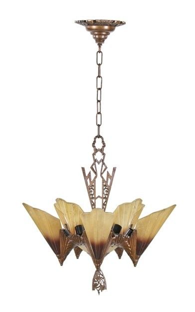 visually striking early 1930's american art deco depresion era "brown-tipped" or "soleure" six-light slip shade chandelier light fiixture with original bronze enameled finish