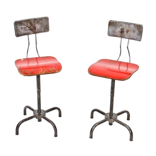 c. late 1940's american industrial matching pair of original telescoping "adjustrite" printing press factory workbench stools