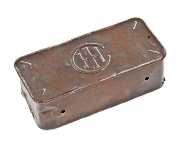 refinished vintage american industrial diminutive harvester implement tractor toolbox with embossed monogram