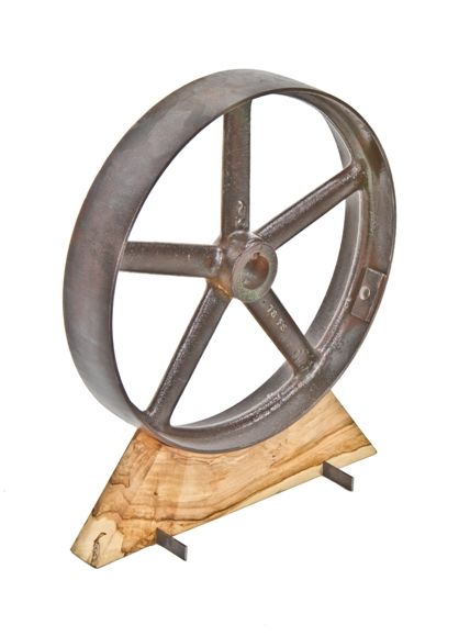 newly made oversized early 20th century vintage american industrial factory machine shop spoked cast iron pulley with custom-built stand 