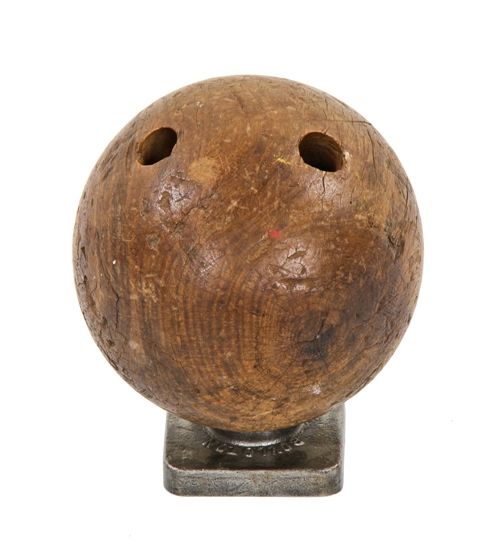 hard to find original and largely intact 19th century american lignum vitae two finger solid wood bowling ball