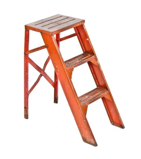 c. 1940's vintage american industrial red enameled steel collapsible stepladder with riveted joint cross-bracing