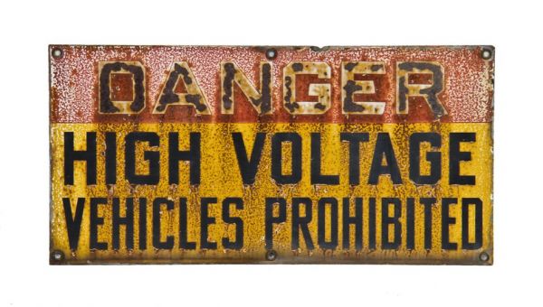 original and remarkably intact c 1930's nicely worn and weathered antique american salvaged chicago vintage single-sided industrial power substation "high voltage" porcelain enameled die cut steel sign 