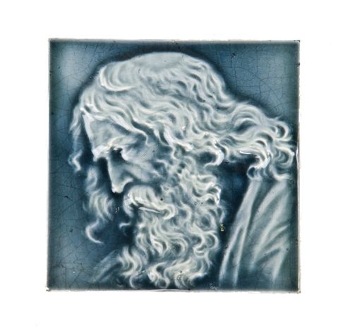 original 19th century american mottled blue majolica glazed residential fireplace portrait tile depicting a bearded man 