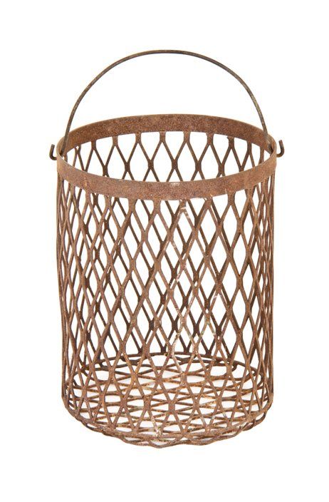 reinforced c. 1930's american industrial plating factory diamond mesh metal strainer basket with original bent steel rod drop handle 