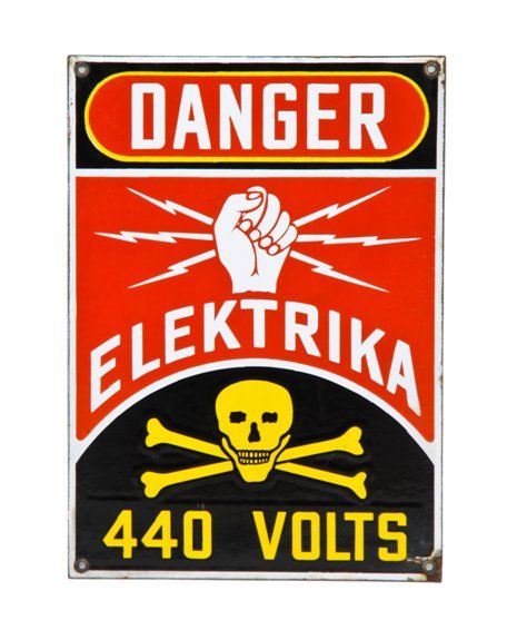 exceptional c. 1930's american industrial single-sided brightly colored porcelain enameled "elektrika" high voltage cautionary sign 