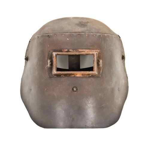 original and remarkably intact c. 1940's vintage american antique salvaged industrial riveted joint s & g factory welding helmet or mask with head guard