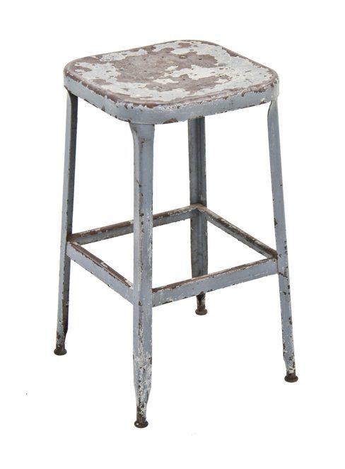 original and intact c. 1940's american industrial four-legged pressed and folded steel "lyon" factory stool with weathered finish