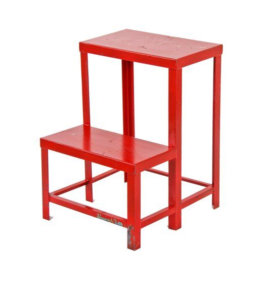 mid-20th century vintage american industrial cherry red enameled two tier heavy gauge welded joint stationary step stool