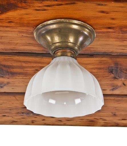 Original C 1920 S Vintage American Industrial Ceiling Flush Mount Single Light Fixture With Ribbed Milk Glass Shade Or Reflector - Ceiling Fixture With Glass Shade