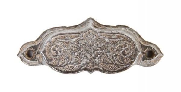 original late 19th century ornamental cast iron interior residential furniture cabinet drawer pull with highly stylized foliated scrollwork