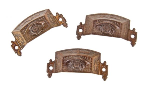lot of three matching original 19th century american ornamental cast iron "all-seeing eye" furniture drawer pulls or handles 