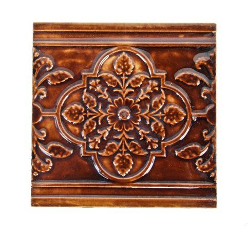 19th century antique american mottled brown majolica glazed interior residential embossed ceramic fireplace border tile 