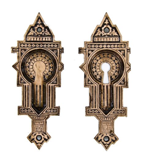 matching set of original early 1880's antique american ornamental cast brass "crisscross" pattern pocket door backplates