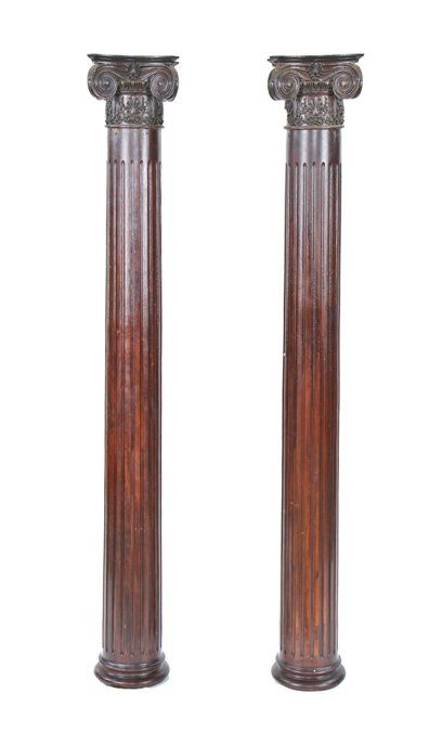 pair of late 19th century antique american victorian era fluted oak wood residential columns with gesso ornament capitals 