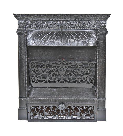 c. 1890's american interior graystone residence front parlor fireplace mantel gas insert comprised of black enameled cast iron 