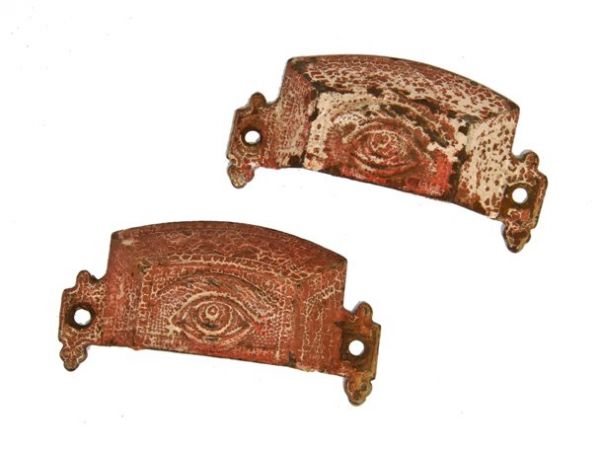 set of original 19th century american victorian era ornamental cast iron "all-seeing eye" furniture cabinet drawer pulls