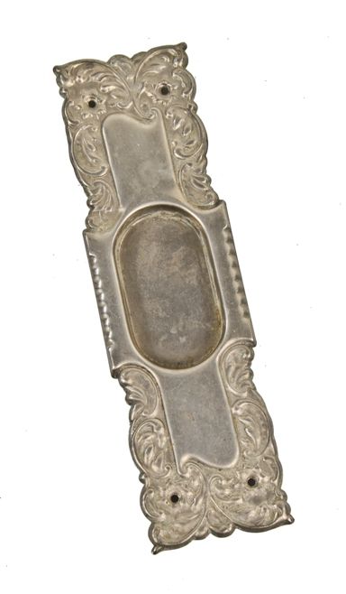 original nickel-plated stamped ornamental wrought brass "eulalia" pattern single residential pocket door escutcheon 