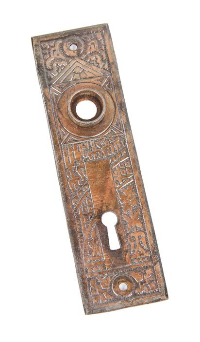 early 20th century american copper-plated eastlake style heavy gauge wrought steel "ceylon" pattern doorknob backplate 