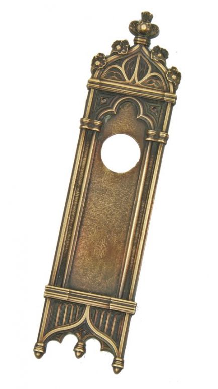 original oversized c. 1902 american gothic revival interior residential cast brass "melrose" push plate with stylized tracery and crockets 