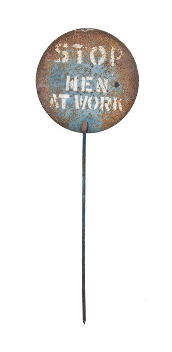 original and remarkably intact c. 1930's vintage american industrial salvaged chicago antique hand-painted hopper railroad car "men at work" cautionary stake stop sign 