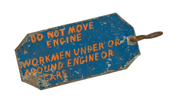 primitive american vintage industrial single-sided "don't move engine" hand painted metal cautionary and/or notification sign 