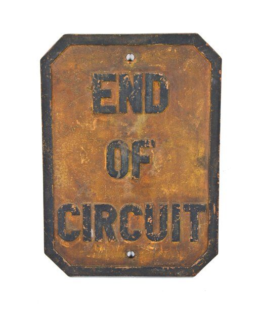antique american c. 1930's exterior single-sided painted cast iron "end of circuit" railroad signaling system cut corner square sign 