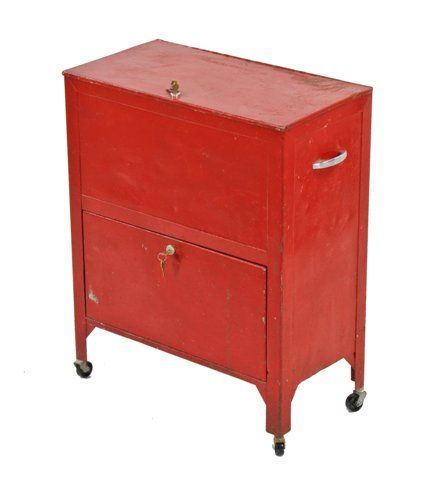 unusual vintage american industrial red painted folded steel compartmentalized mobile tool supply cart with casters 