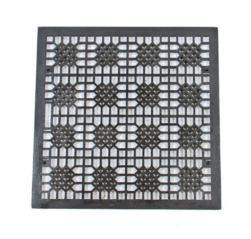 original late 19th century antique american oversized black enameled "indian lattice" pattern cast iron square-shaped floor grate