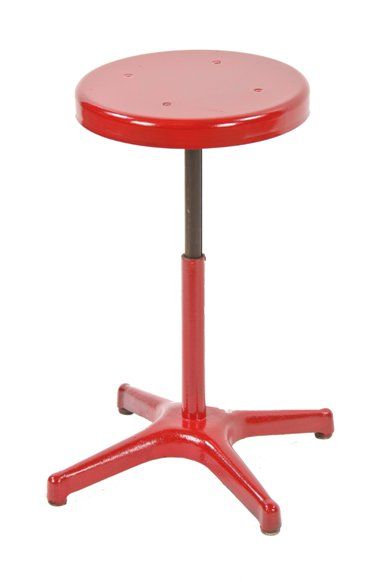 fully functional late 1940's vintage industrial backless folded and pressed steel "adjustrite" stool with red paint finish 