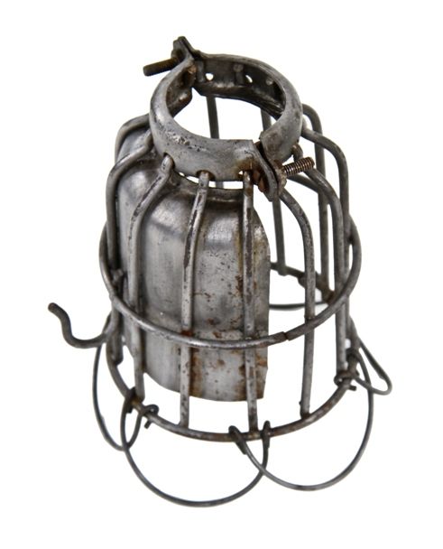original c. 1930's american industrial heavy gauge steel portable trouble light bulb guard with protruding hook and reflector 