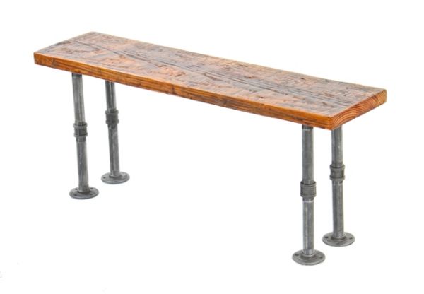repurposed vintage american industrial four-legged stationary seating bench with old growth pine wood top 
