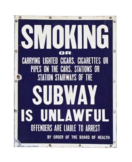 original and remarkably intact early 20th century american new york city subway station "no smoking" informational cobalt blue porcelain enameled sign