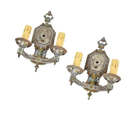 original and remarkably intact matching set of c. 1930's vintage antique american salvaged chicago interior residential double arm polychromed "electric candle" wall sconces